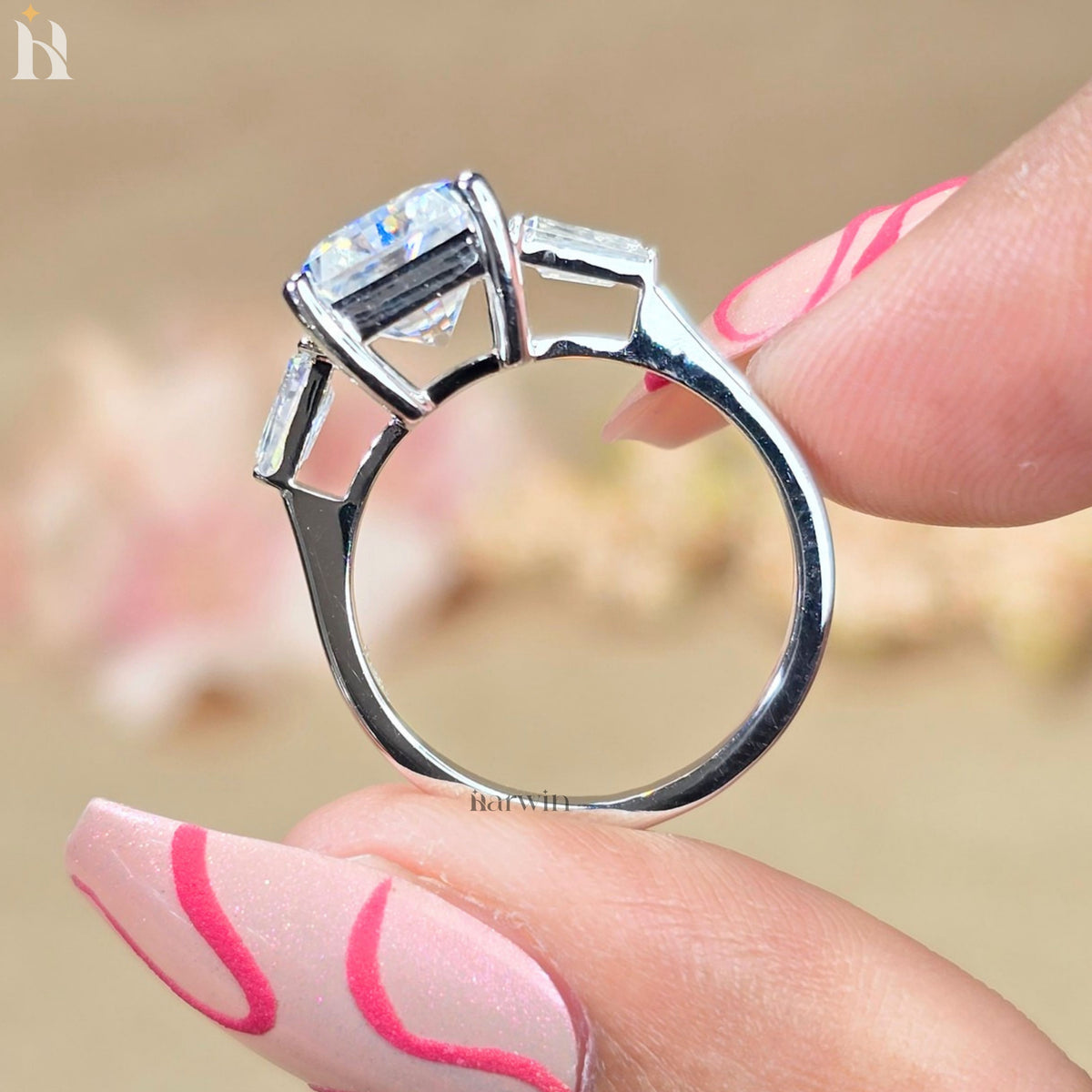 4CT Radiant Cut Moissanite Three Stone Ring Tapered Baguette White Gold Engagement Ring