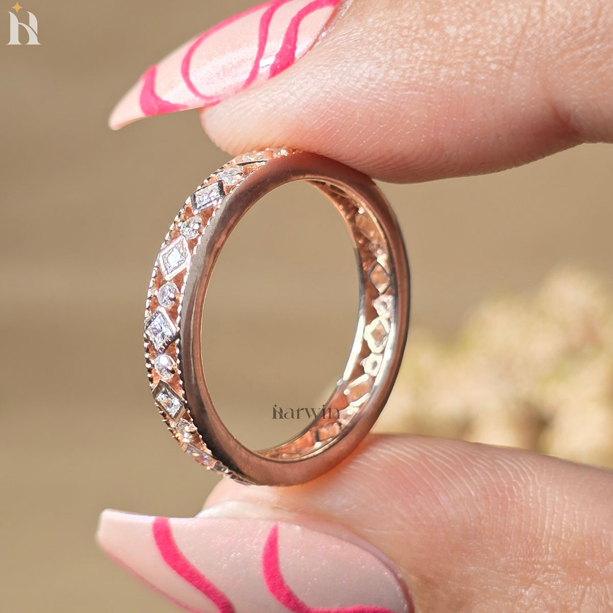 Princess & Round Cut Moissanite Art Deco Wedding Band, 14K Gold Stacking Style Bridal Ring