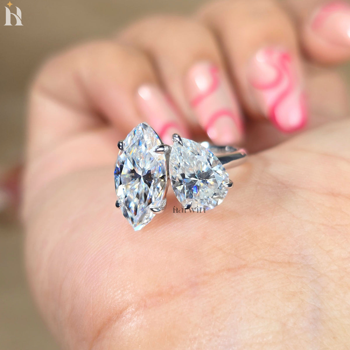 3CT Marquise & 2CT Pear Cut Moissanite Toi Et Moi Ring, Two Stone Engagement Ring