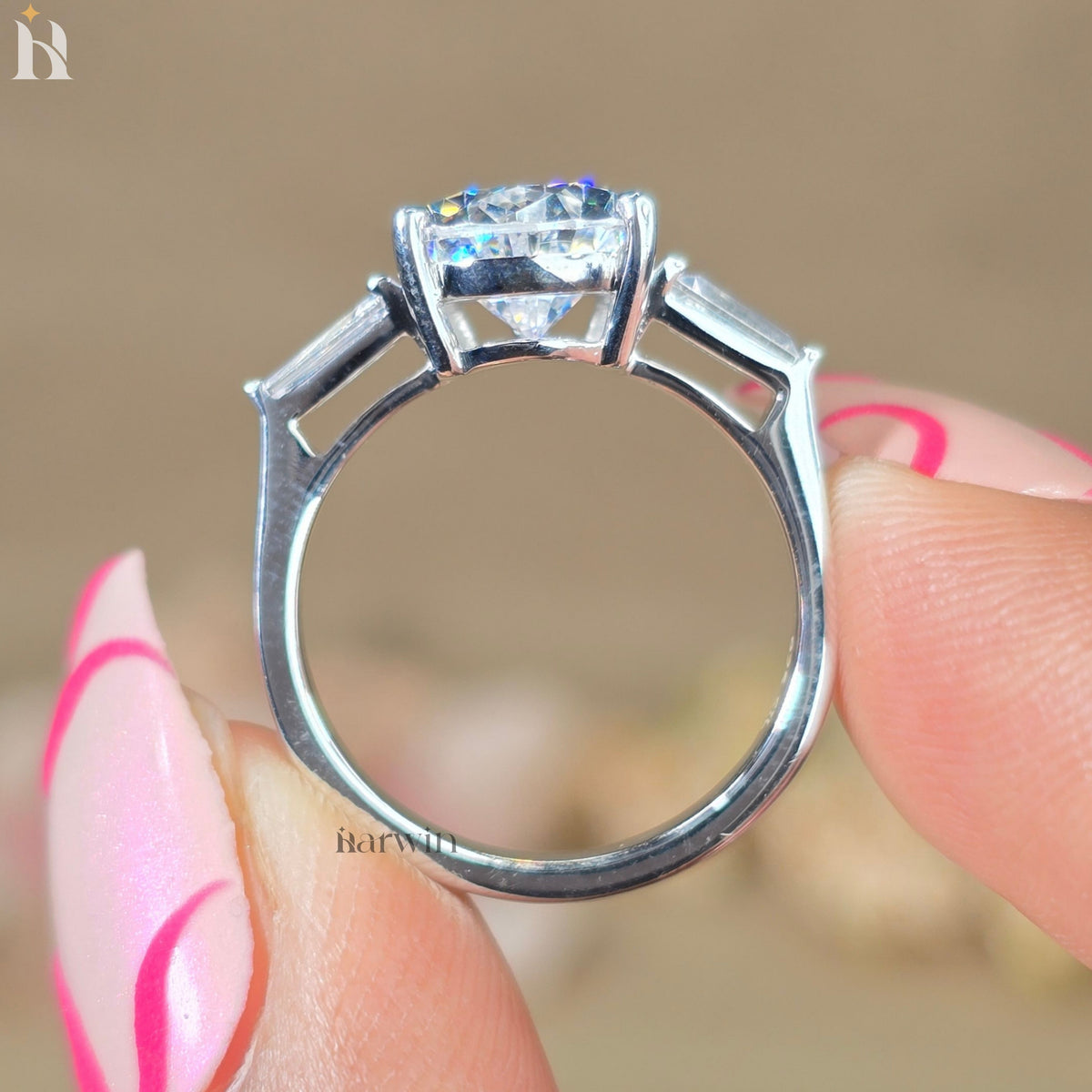 3CT Pear Cut Moissanite Engagement Ring, Tapered Baguette Side Stones
