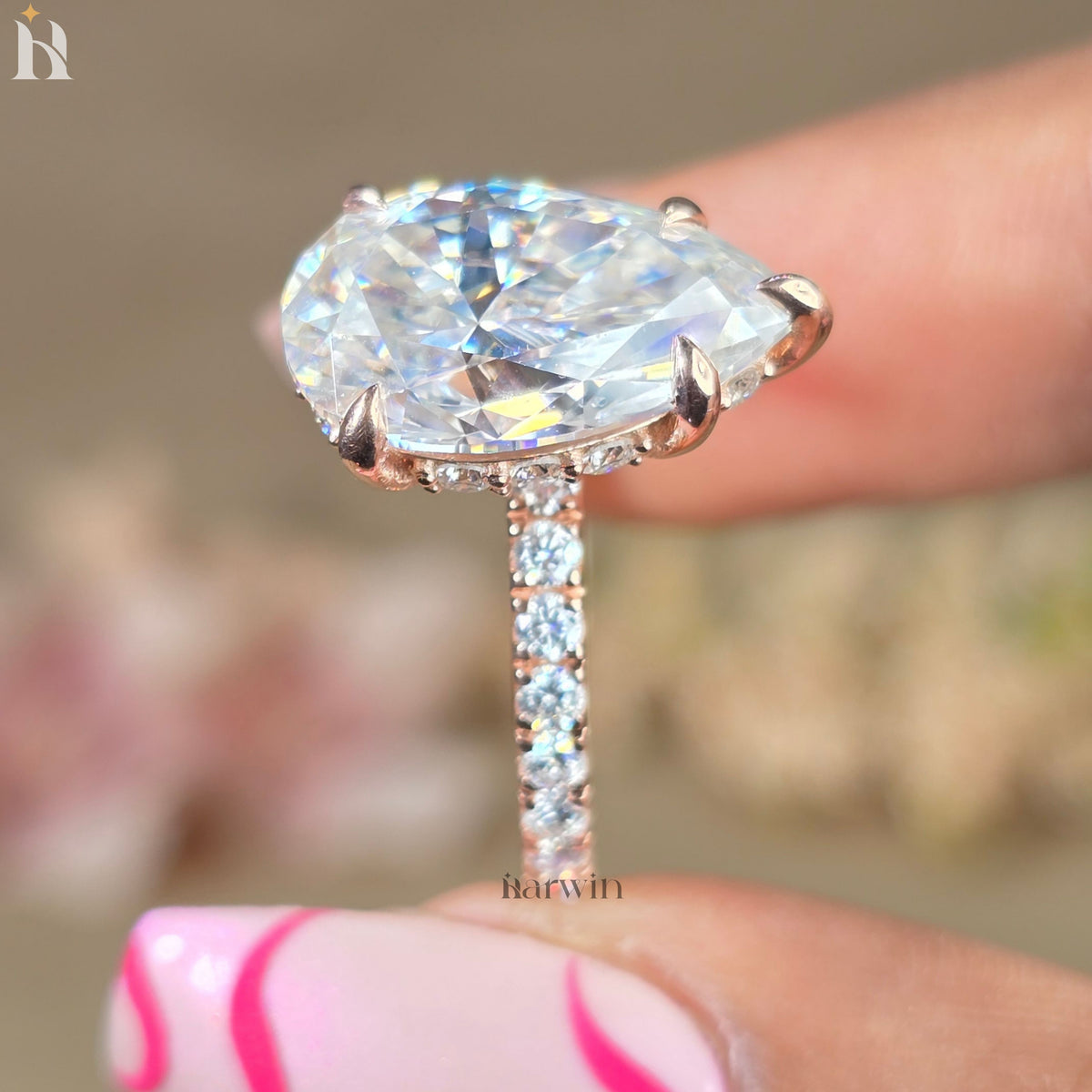 6CT Pear Moissanite Hidden Halo Engagement Piece 14k Rose Gold Pave Bridal Jewelry