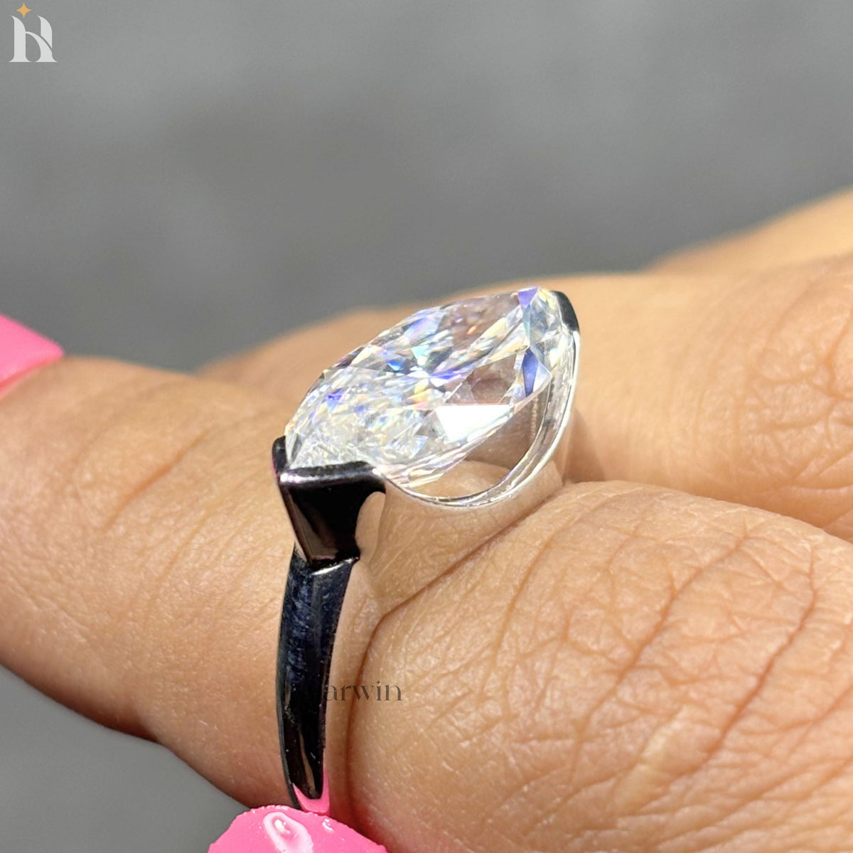 4CT Marquise Cut Lab Grown Diamond East-West Half Bezel Set Sterling Silver Solitaire Ring