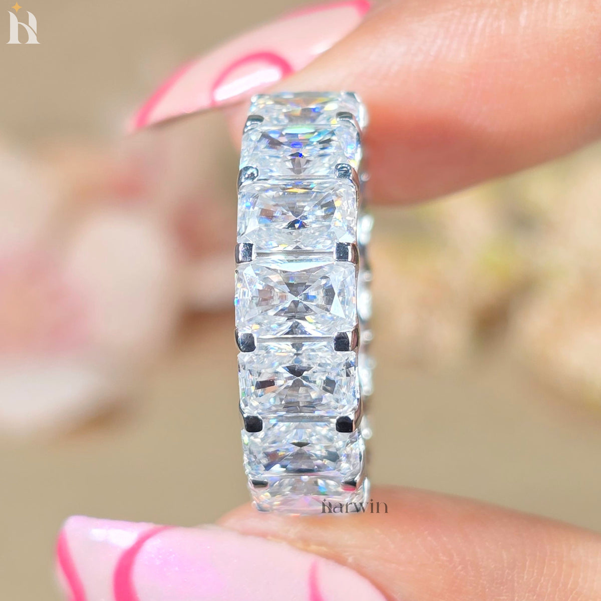 Radiant Cut Moissanite Full Eternity Wedding Band, Solid Silver Stackable Bridal Ring