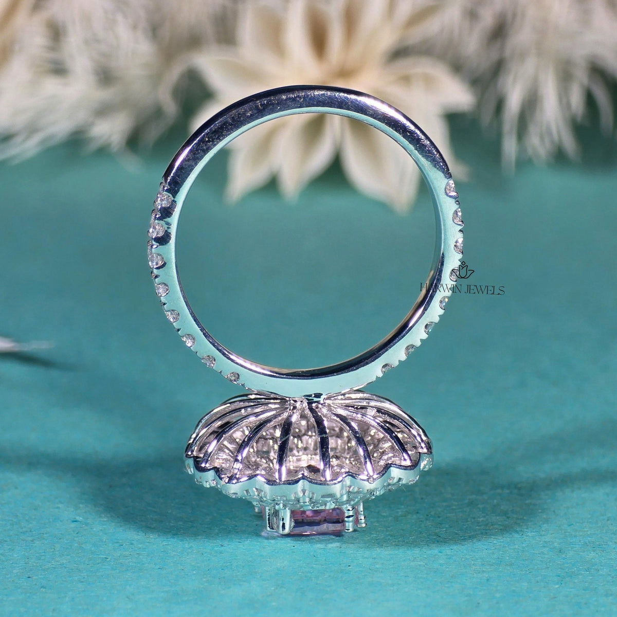 Pink Cushion 1CT Moissanite Wedding Ring Triple Halo 14K White Gold Half Pave Band