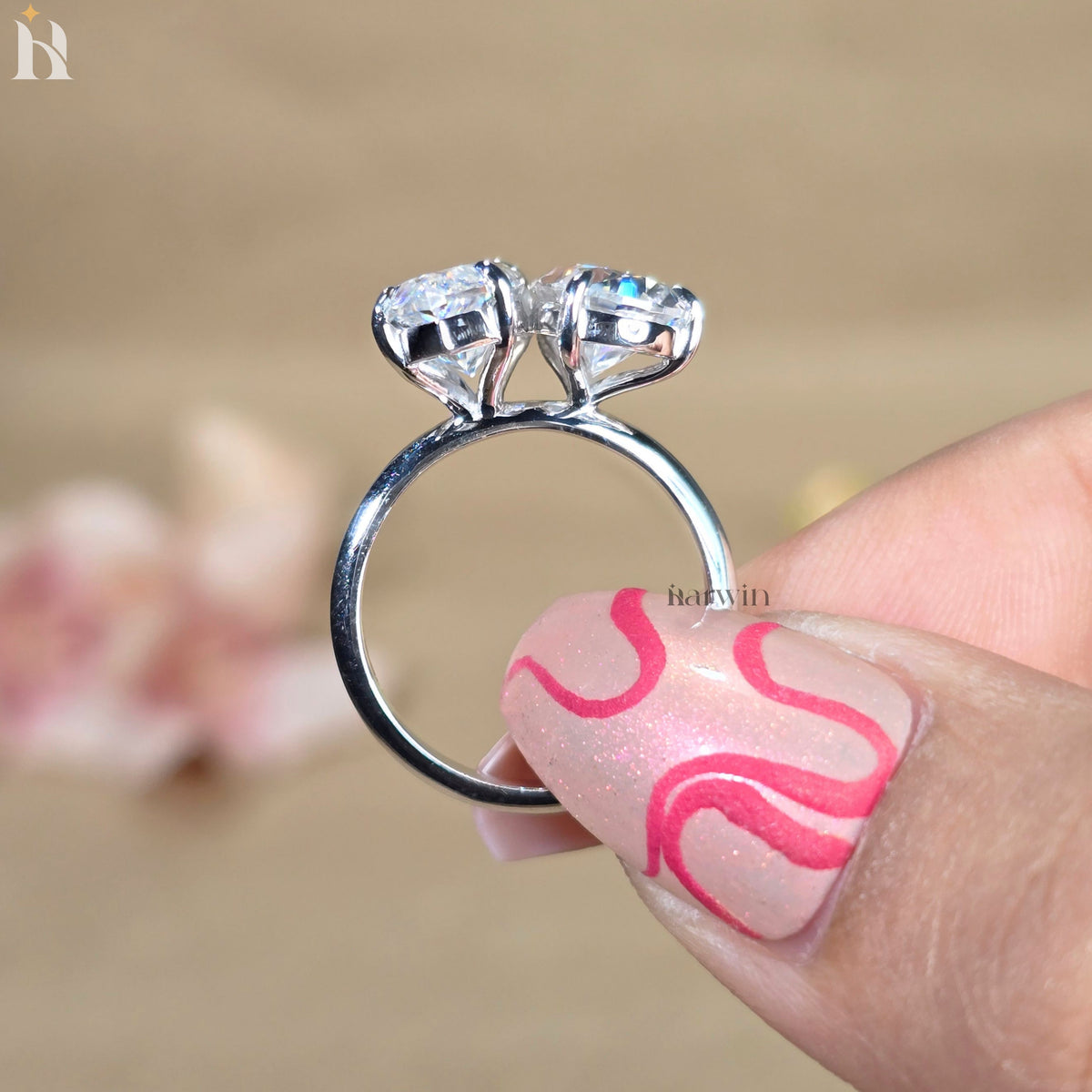 3CT Marquise & 2CT Pear Cut Moissanite Toi Et Moi Ring, Two Stone Engagement Ring