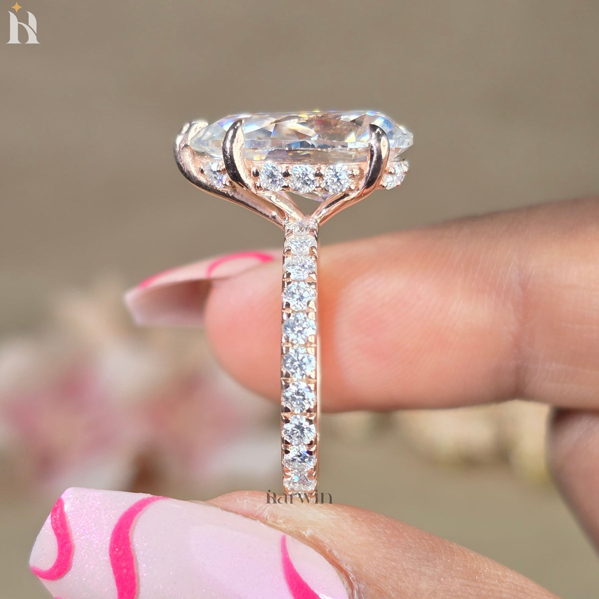 6CT Pear Moissanite Hidden Halo Engagement Piece 14k Rose Gold Pave Bridal Jewelry