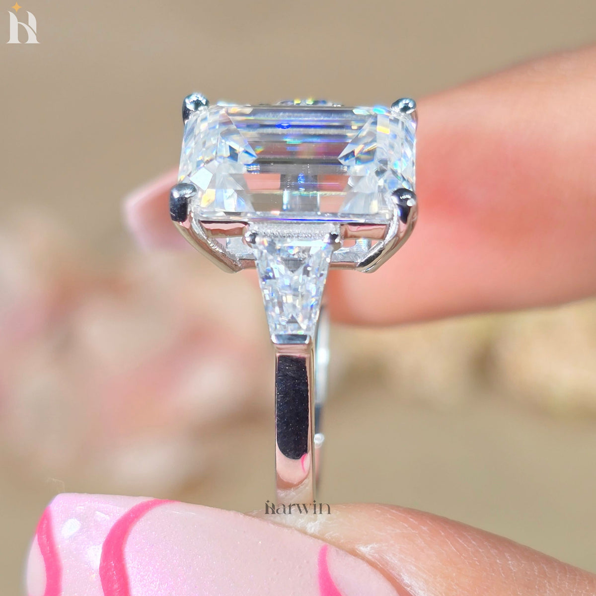 Emerald Cut 4.50Ct Moissanite Three Stone Engagement Ring