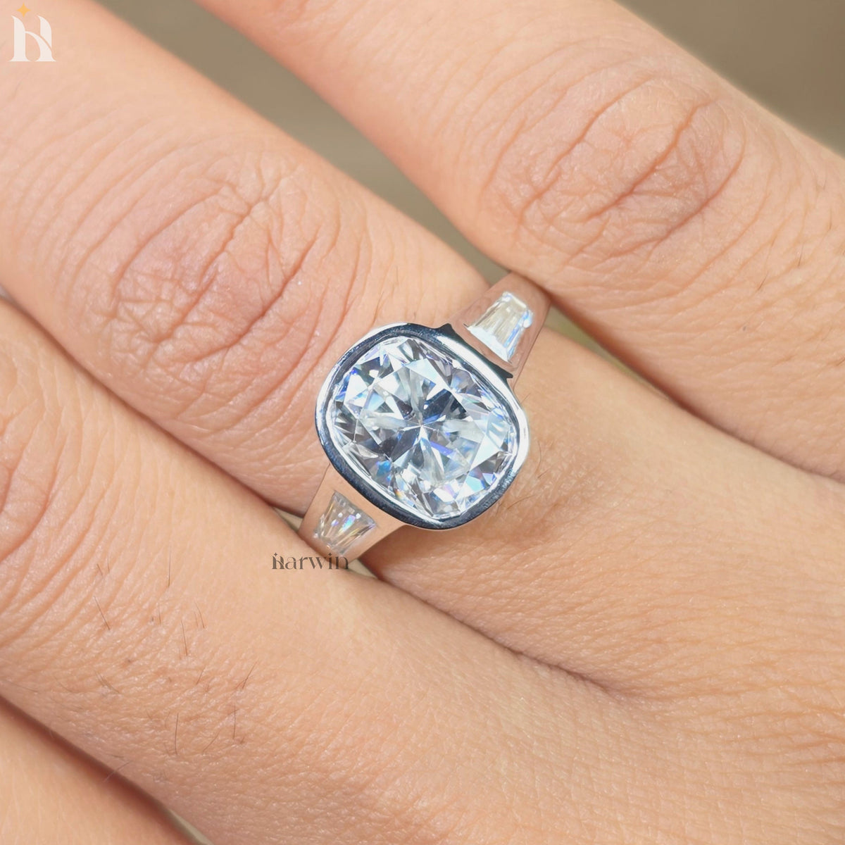 5CT Cushion Cut Moissanite Bezel Three Stone Ring Tapered Baguette Yellow Gold Engagement