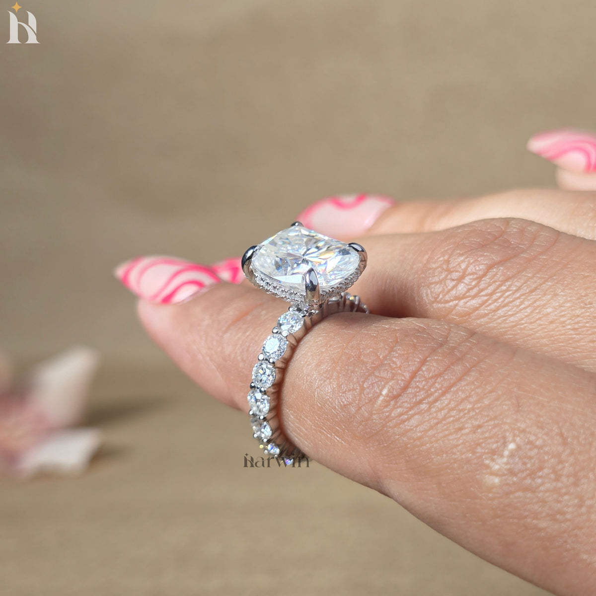 4CT Elongated Cushion Cut Moissanite Engagement Ring, Hidden Halo Bubble Band Ring