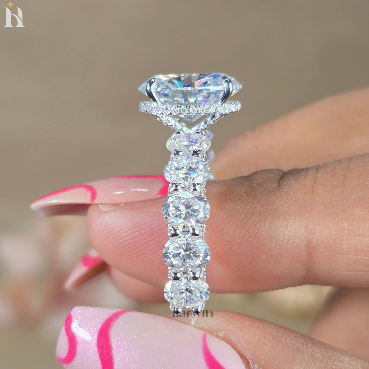4 CT Oval Moissanite Halo Ring, 14K Solid White Gold Engagement Band
