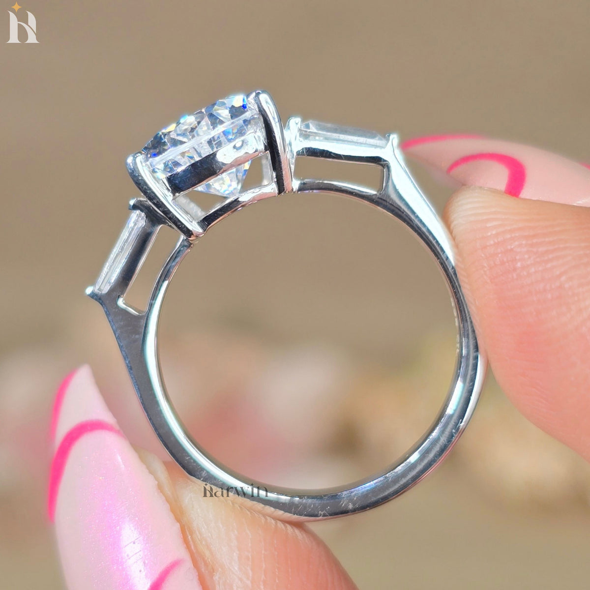 3CT Pear Cut Moissanite Engagement Ring, Tapered Baguette Side Stones