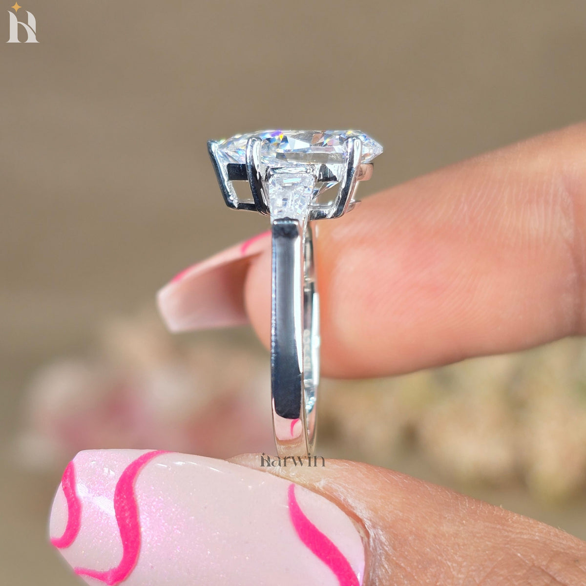 3CT Pear Cut Moissanite Engagement Ring, Tapered Baguette Side Stones