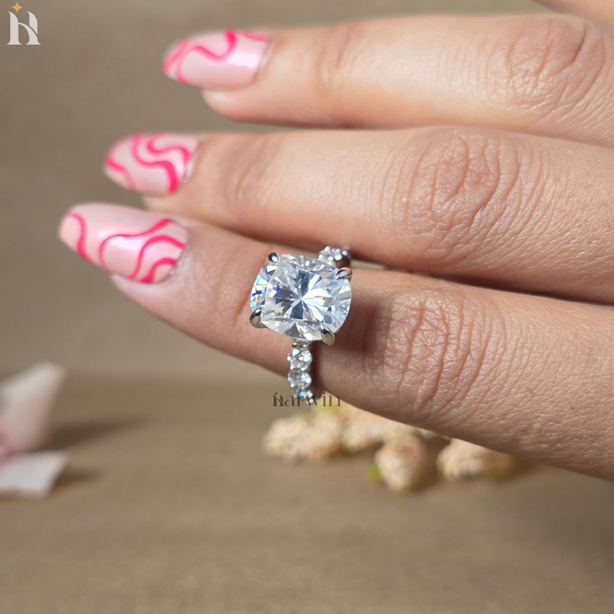 4CT Elongated Cushion Cut Moissanite Engagement Ring, Hidden Halo Bubble Band Ring