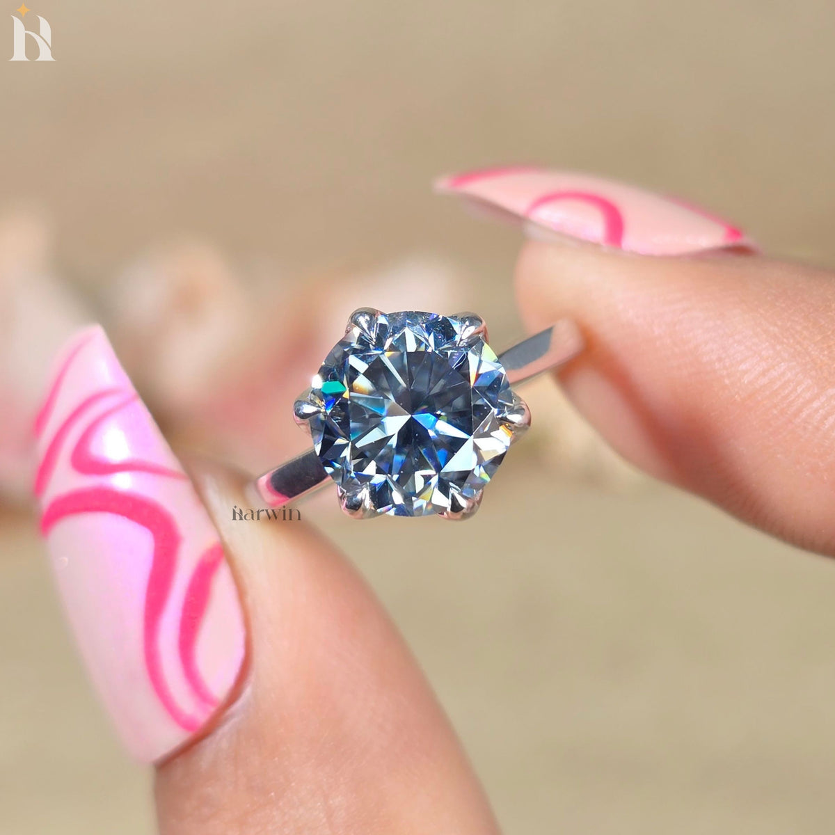 3CT Gray Round Cut Moissanite Anniversary Ring, Tulip Setting Solitaire in 14K White Gold Ring