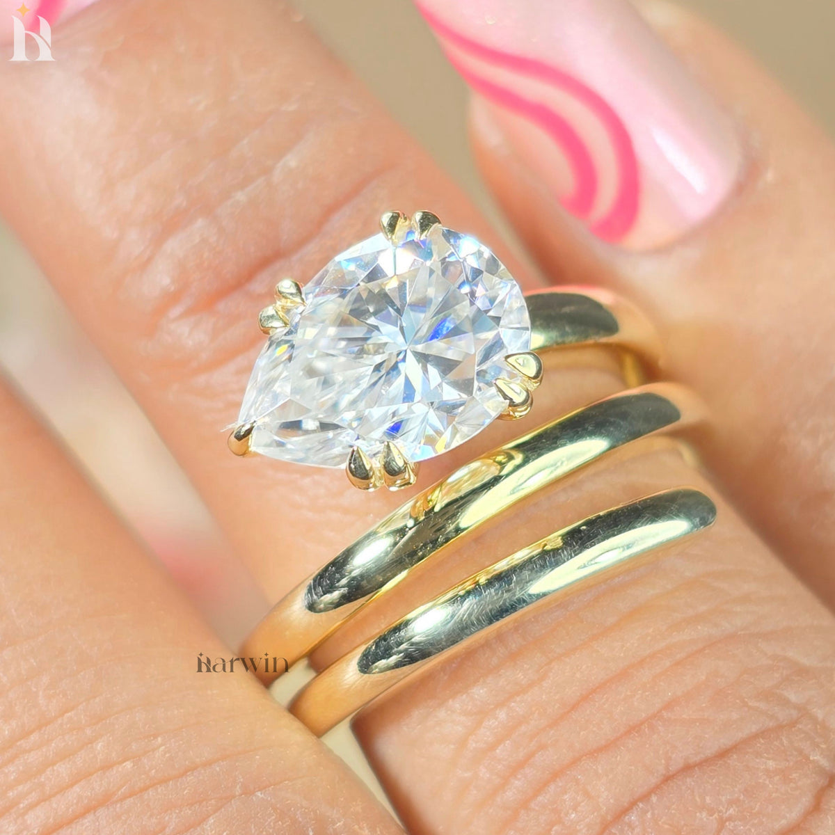 2.5CT Pear Moissanite Spiral Engagement Ring Gold Modern Bridal Ring