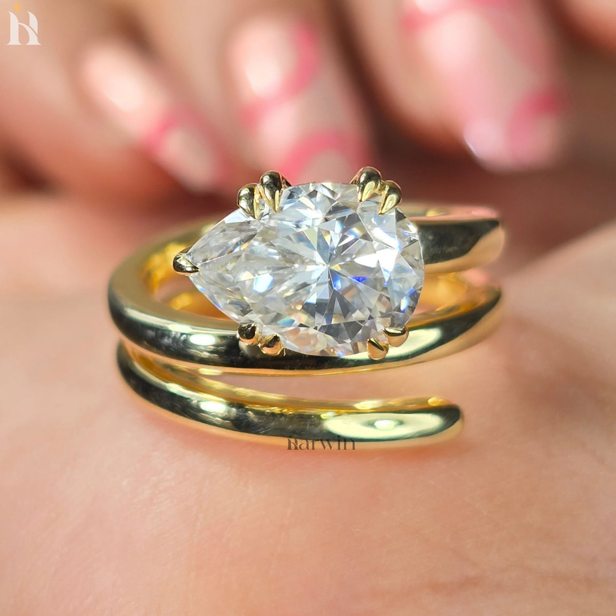 2.5CT Pear Moissanite Spiral Engagement Ring Gold Modern Bridal Ring