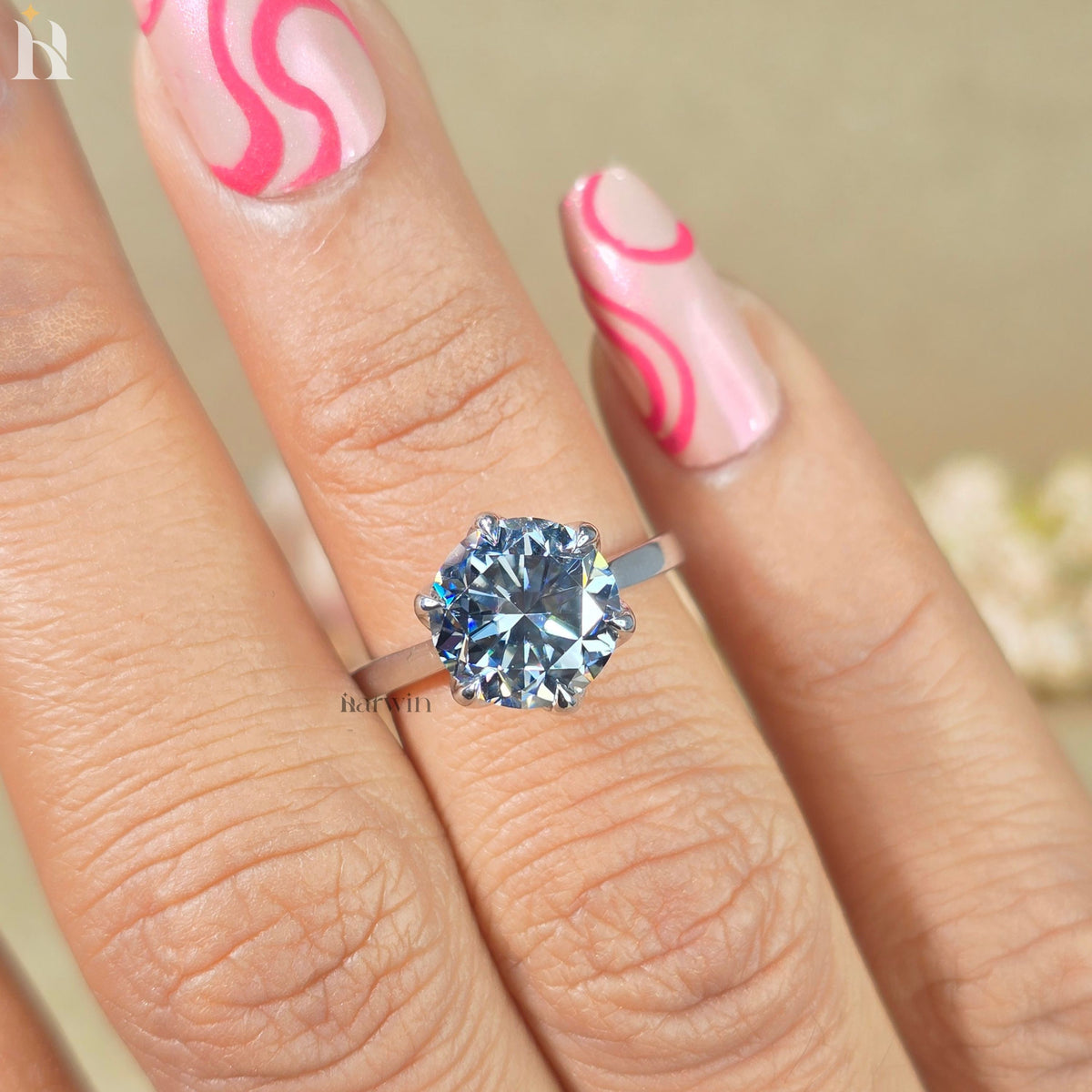 3CT Gray Round Cut Moissanite Anniversary Ring, Tulip Setting Solitaire in 14K White Gold Ring