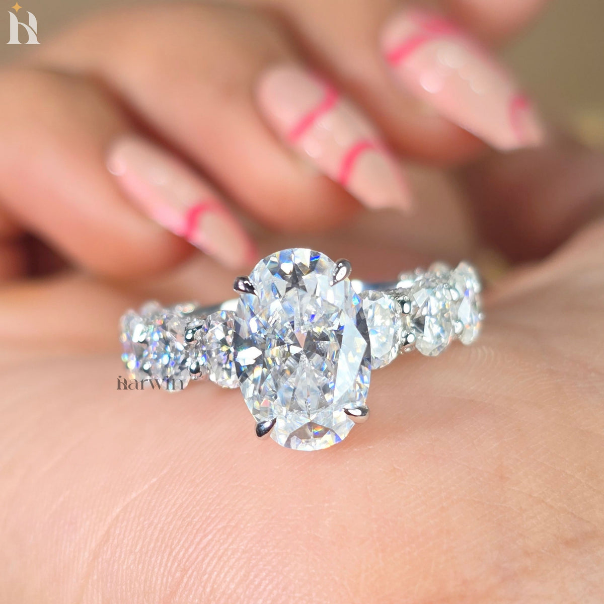 4 CT Oval Moissanite Halo Ring, 14K Solid White Gold Engagement Band