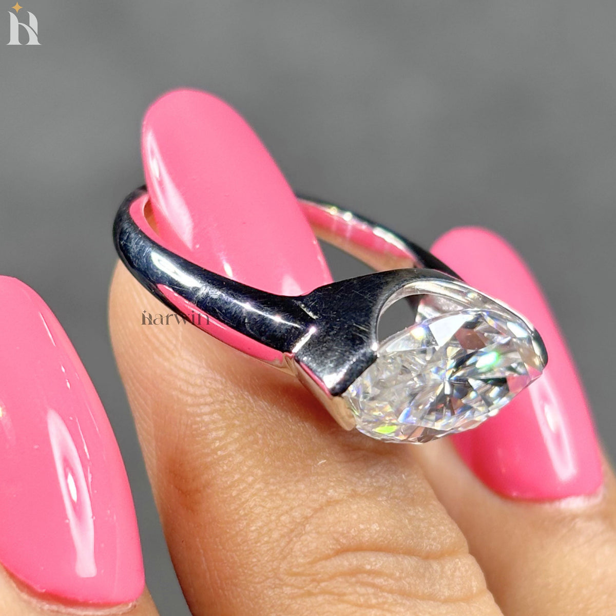 4CT Marquise Cut Lab Grown Diamond East-West Half Bezel Set Sterling Silver Solitaire Ring
