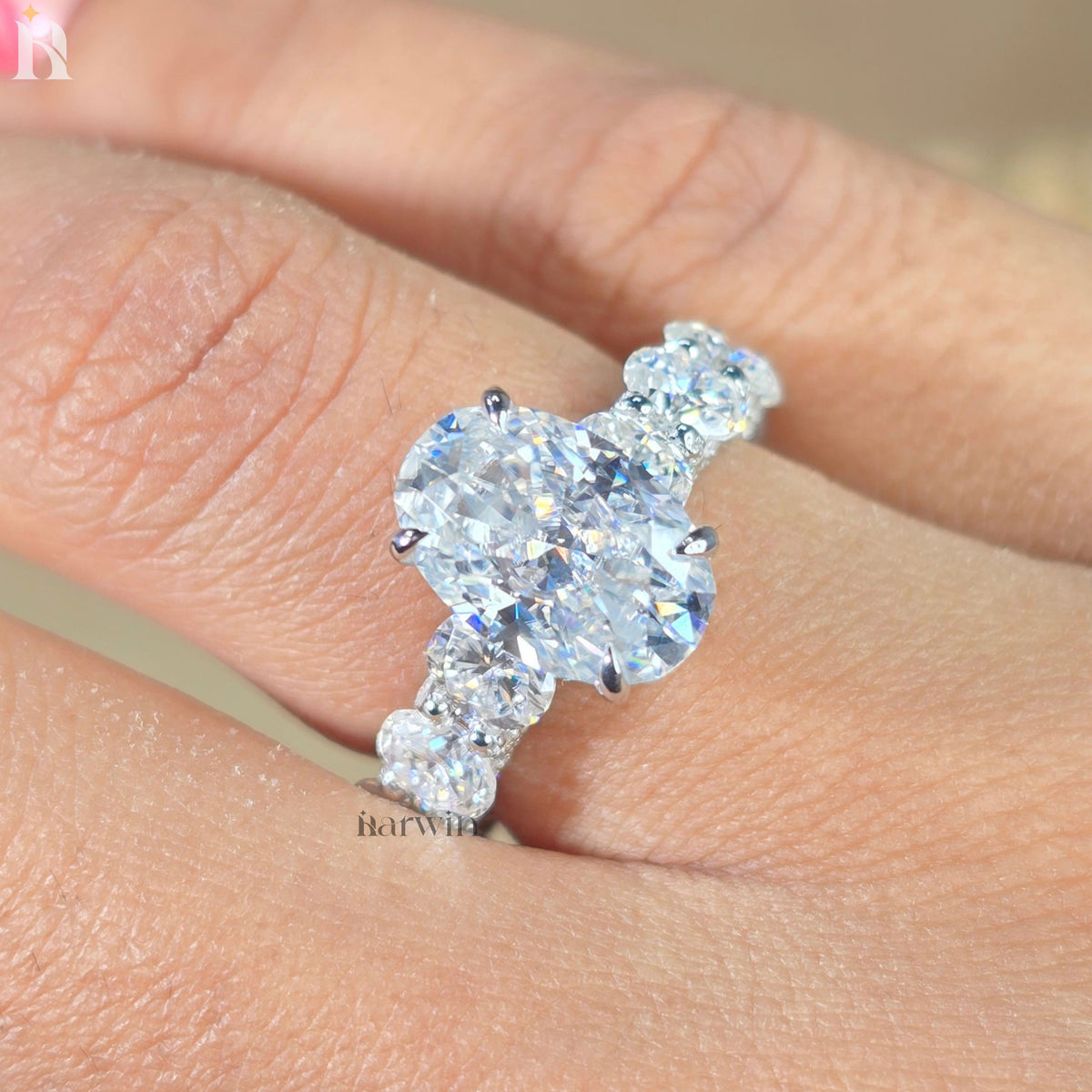 4 CT Oval Moissanite Halo Ring, 14K Solid White Gold Engagement Band