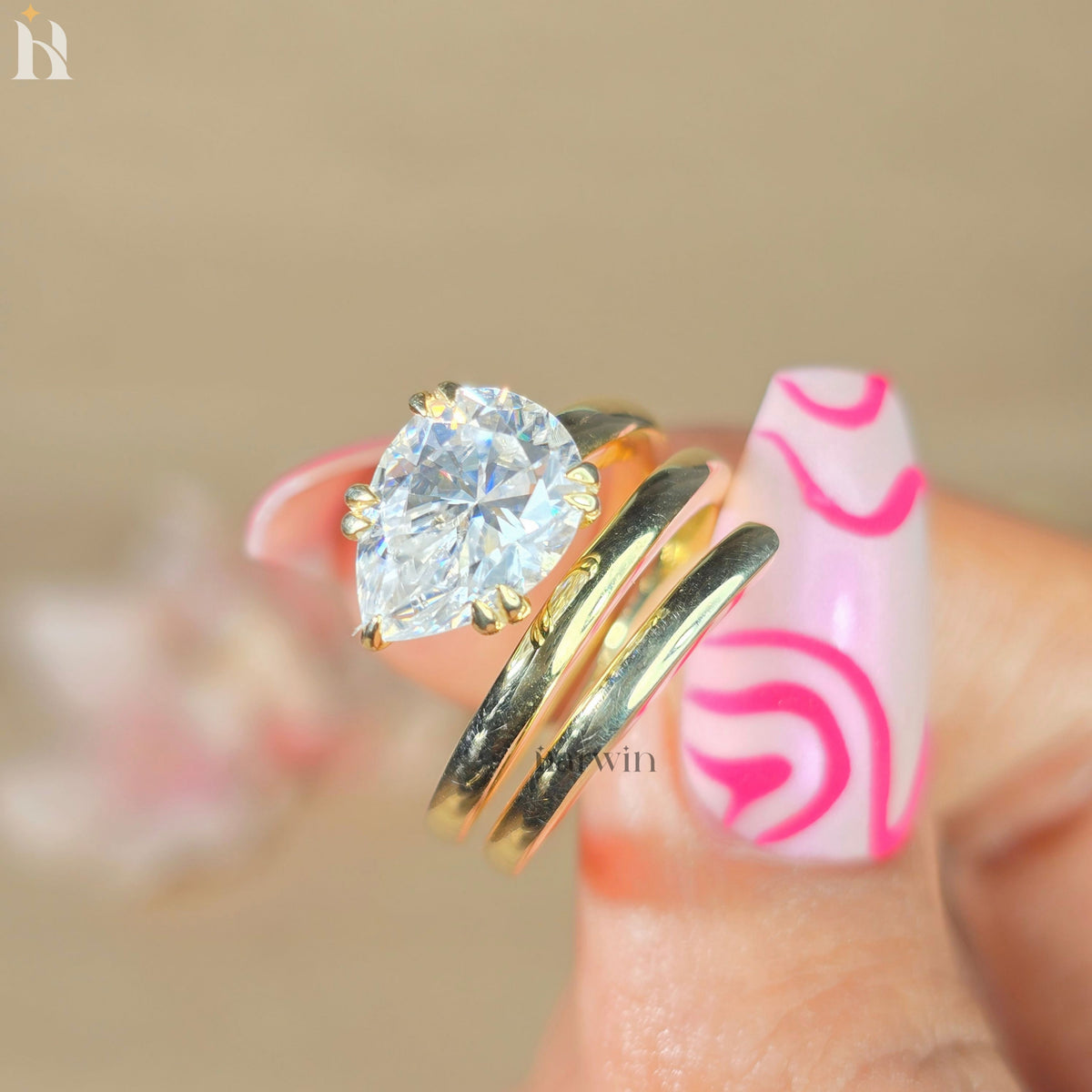 2.5CT Pear Moissanite Spiral Engagement Ring Gold Modern Bridal Ring