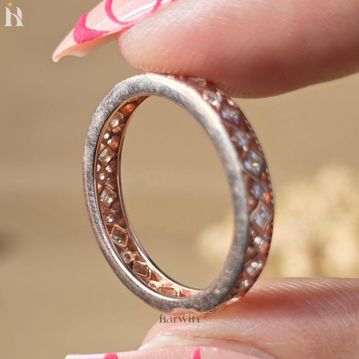 Princess & Round Cut Moissanite Art Deco Wedding Band, 14K Gold Stacking Style Bridal Ring