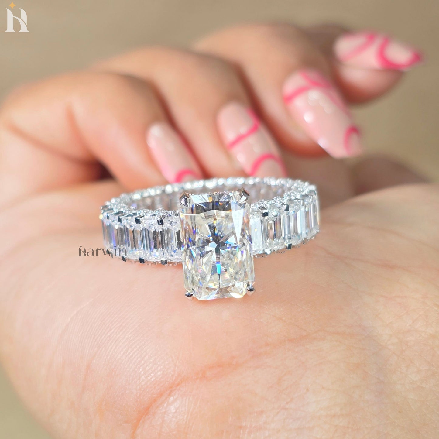 5CT Radiant Moissanite Engagement Ring Micro pave Eternity Band white Gold Heiress Wedding Set
