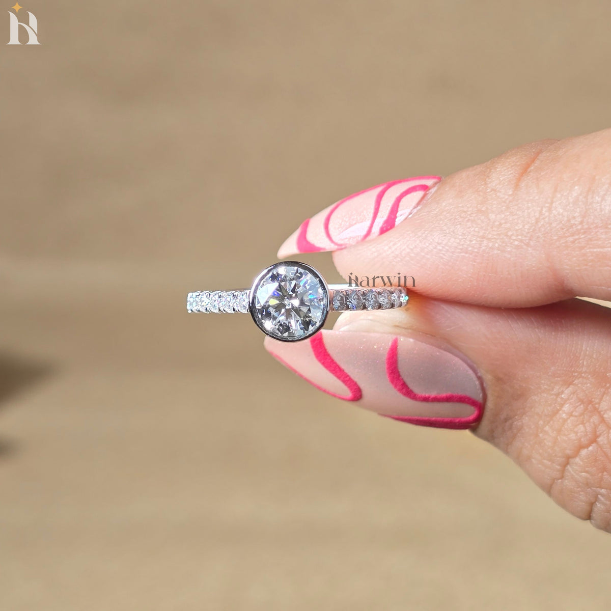 Round Cut Moissanite Bezel Engagement Ring, Pave Band, Minimalist Bridal Jewelry