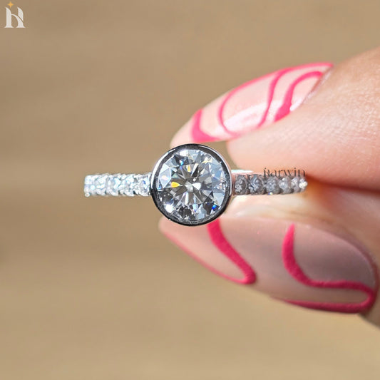 Round Cut Moissanite Bezel Engagement Ring, Pave Band, Minimalist Bridal Jewelry