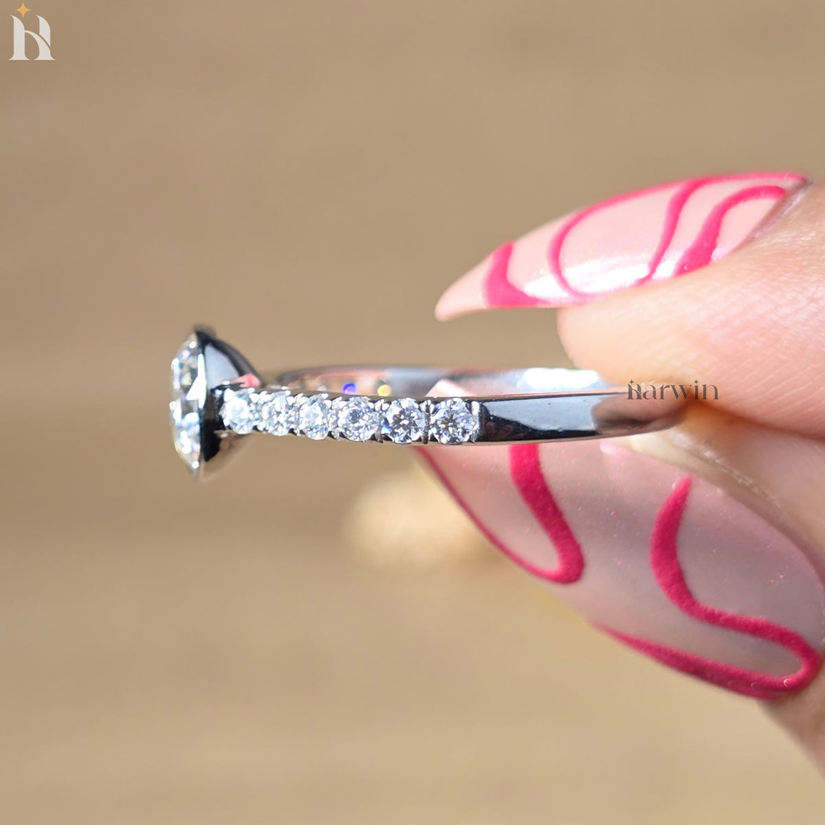 Round Cut Moissanite Bezel Engagement Ring, Pave Band, Minimalist Bridal Jewelry