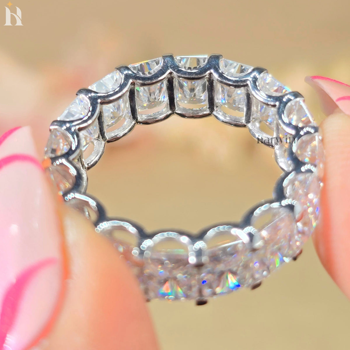 Radiant Cut Moissanite Full Eternity Wedding Band, Solid Silver Stackable Bridal Ring