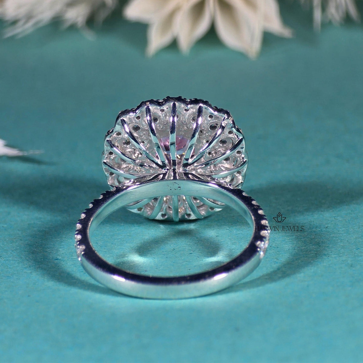 Pink Cushion 1CT Moissanite Wedding Ring Triple Halo 14K White Gold Half Pave Band