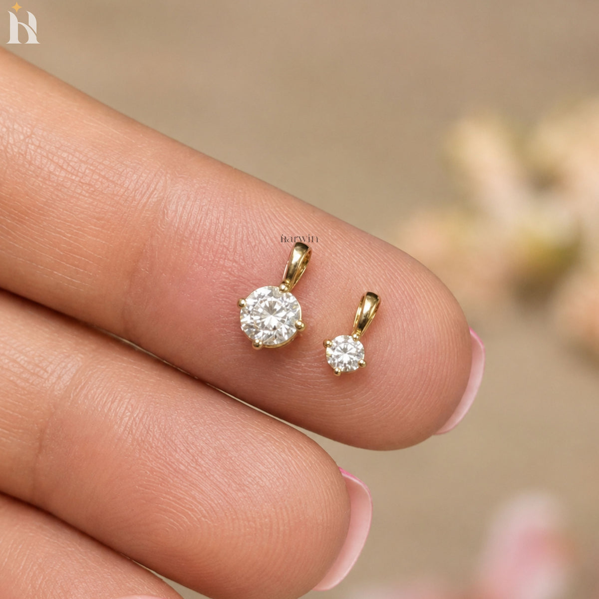 Solid Gold Round Diamond Charm Pendant, Minimal Everyday Jewelry- Dainty Charm Without chain