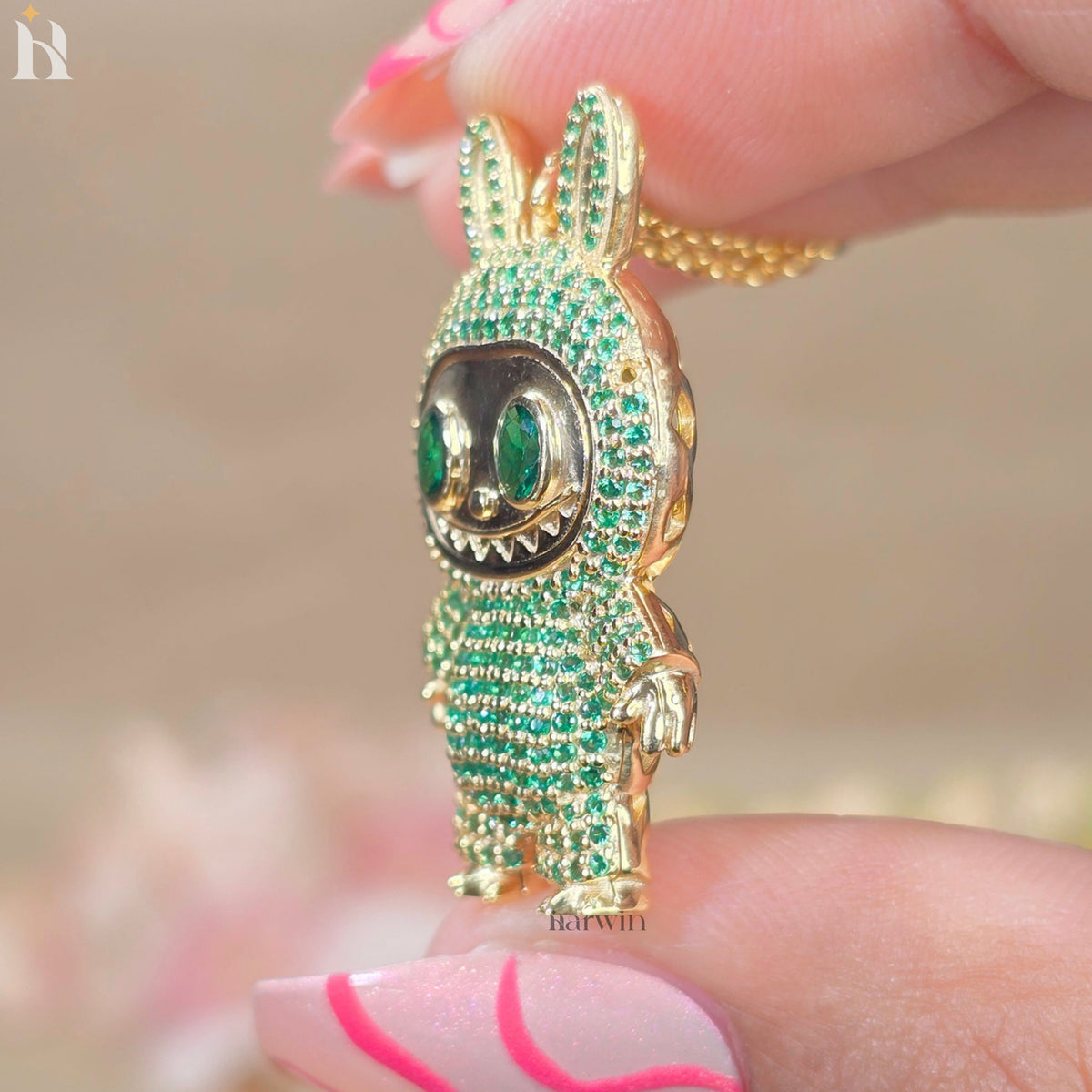 Green CZ Diamond Teddy Bear Pendant | Sterling Silver Hip Hop Necklace