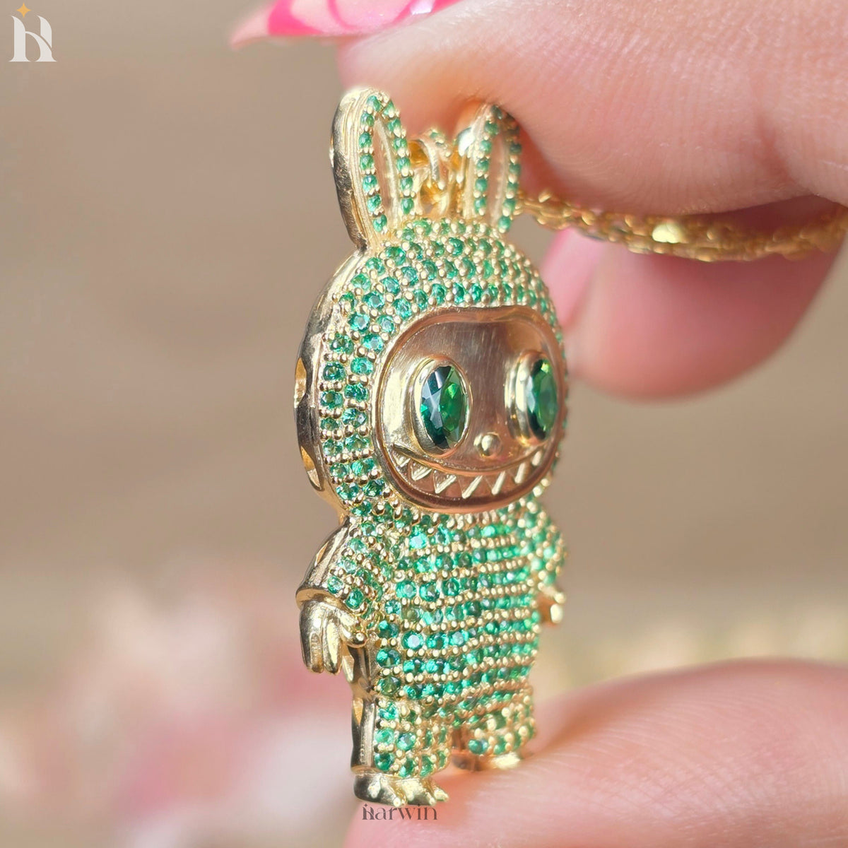 Green CZ Diamond Teddy Bear Pendant | Sterling Silver Hip Hop Necklace