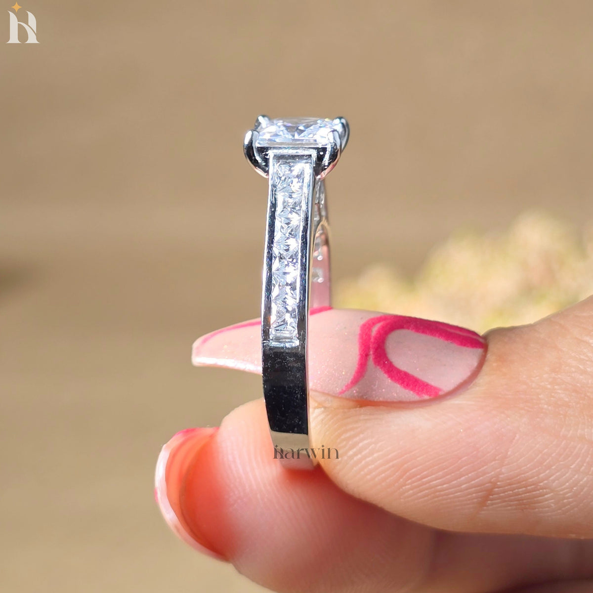 2CT Princess Cut Moissanite Engagement Ring, Half Channel Set Diamond, Solitaire Bridal Ring