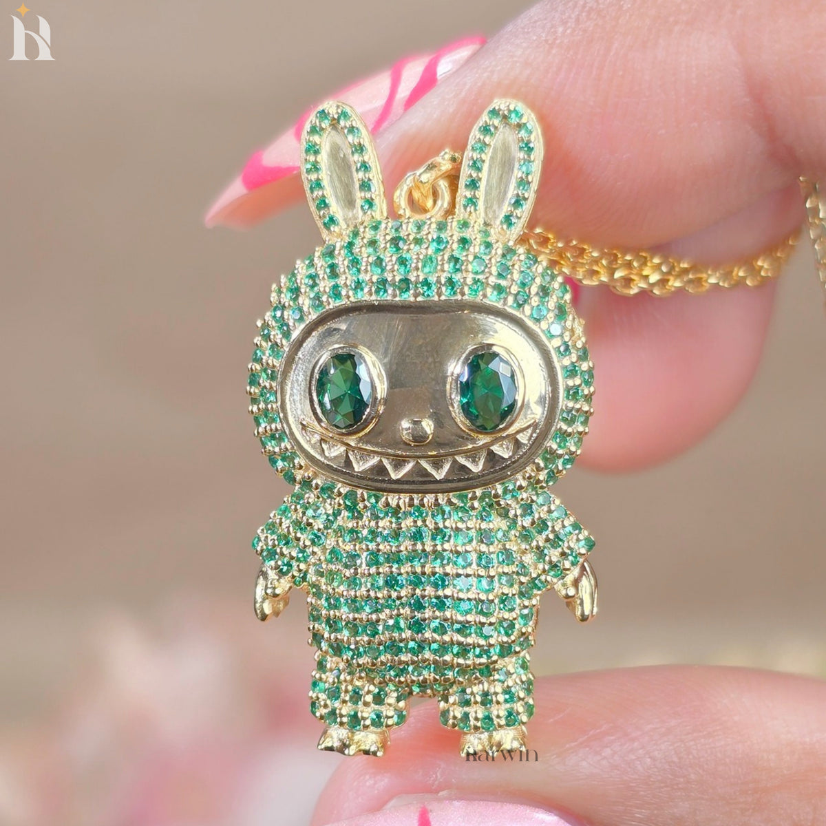 Green CZ Diamond Teddy Bear Pendant | Sterling Silver Hip Hop Necklace
