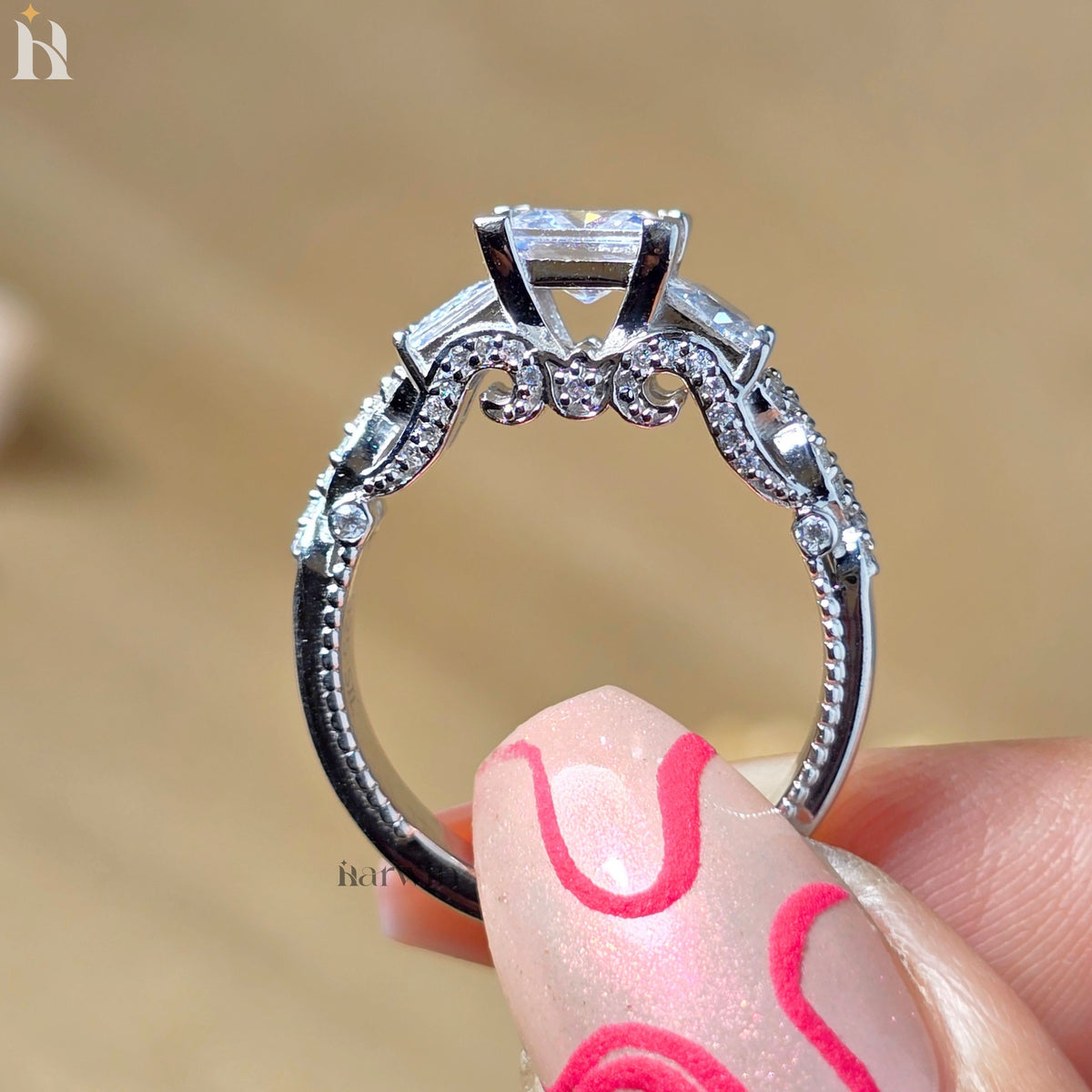 1 CT Princess Cut Moissanite Three Stone Engagement Ring, Vintage Art Deco Proposal Ring