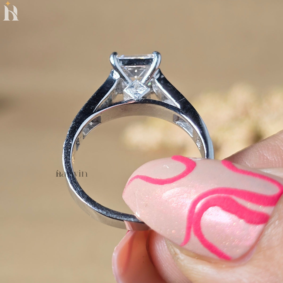 2CT Princess Cut Moissanite Engagement Ring, Half Channel Set Diamond, Solitaire Bridal Ring