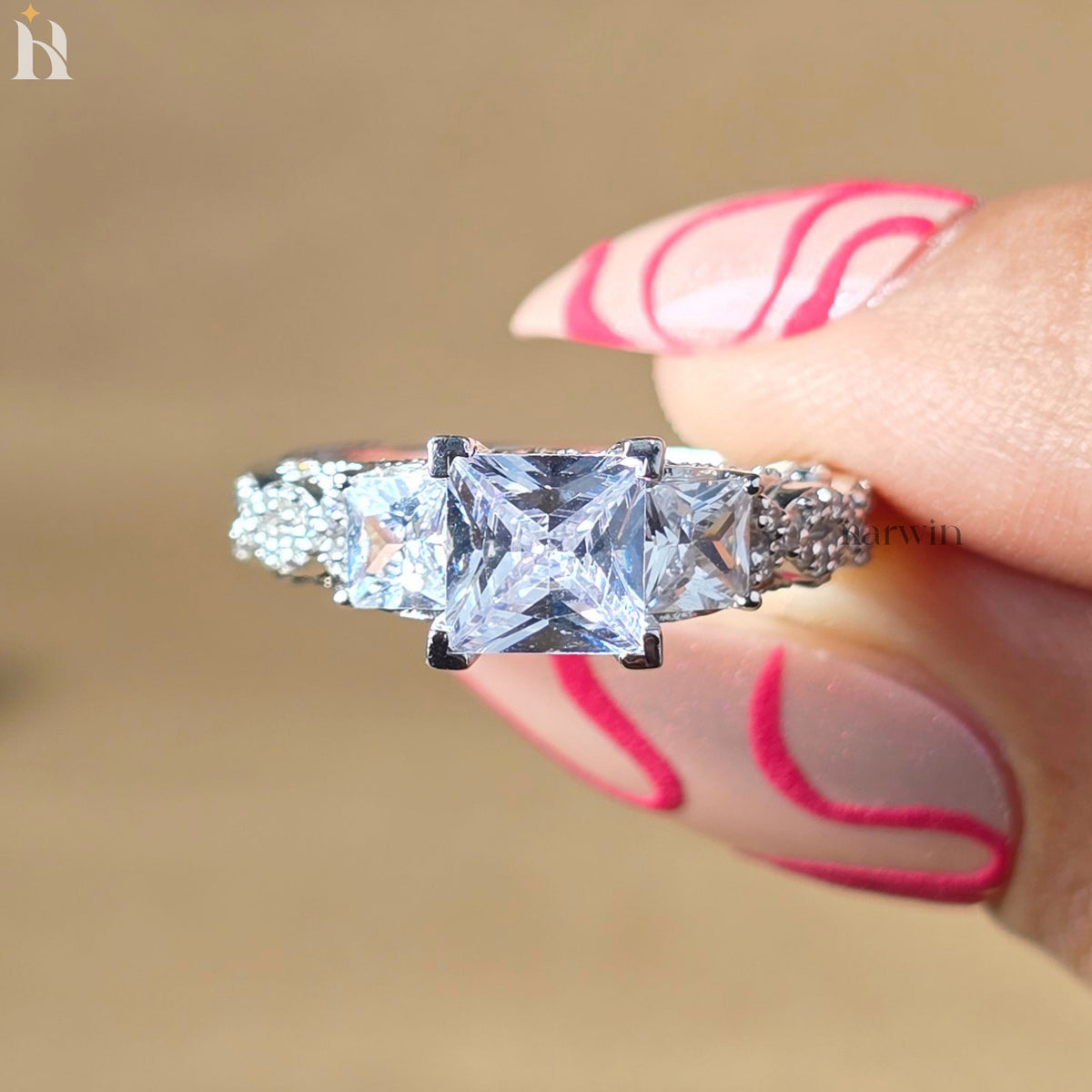 1 CT Princess Cut Moissanite Three Stone Engagement Ring, Vintage Art Deco Proposal Ring