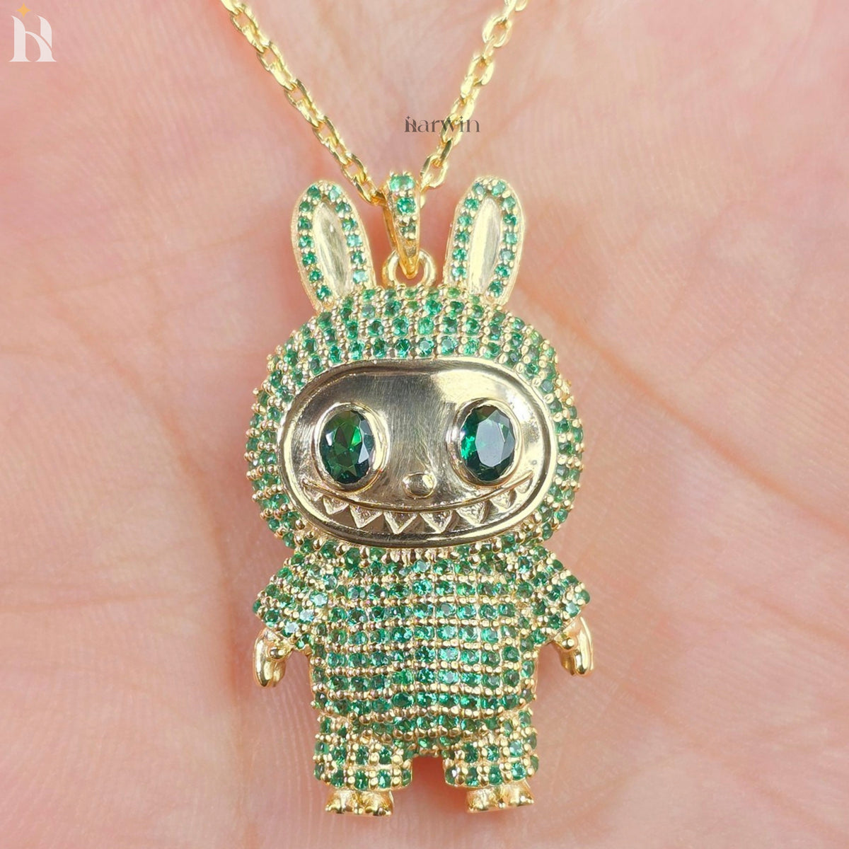 Green CZ Diamond Teddy Bear Pendant | Sterling Silver Hip Hop Necklace