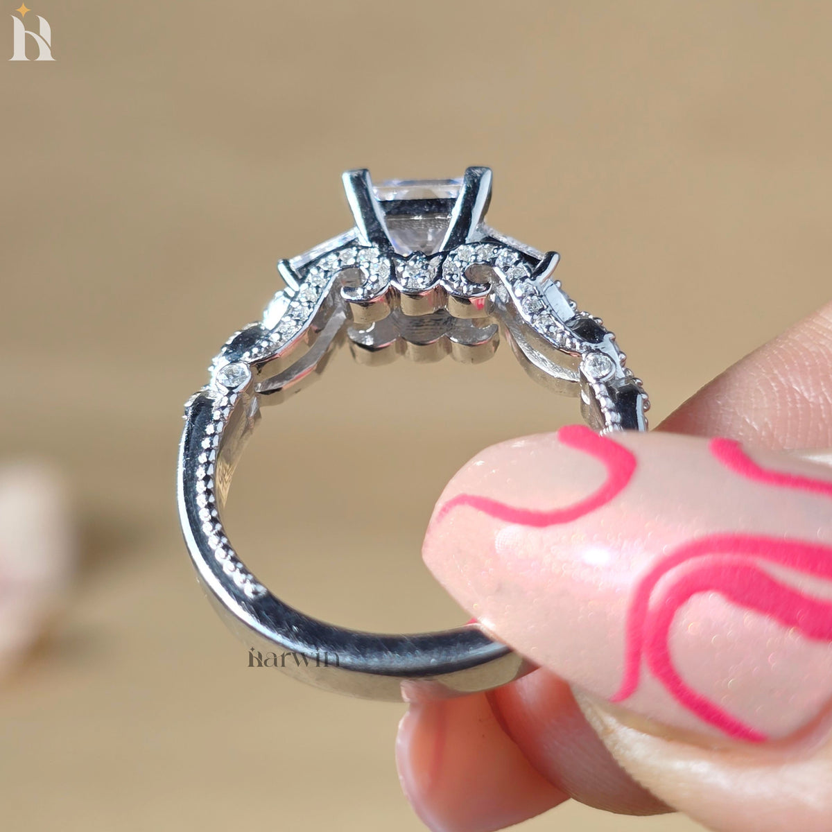 1 CT Princess Cut Moissanite Three Stone Engagement Ring, Vintage Art Deco Proposal Ring