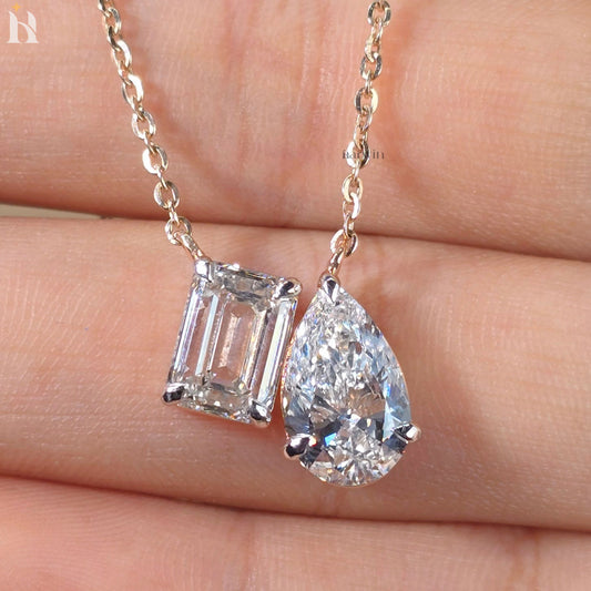 Toi Et Moi Emerald And Pear Cut Moissanite Solid Rose Gold Prong Set Pendant