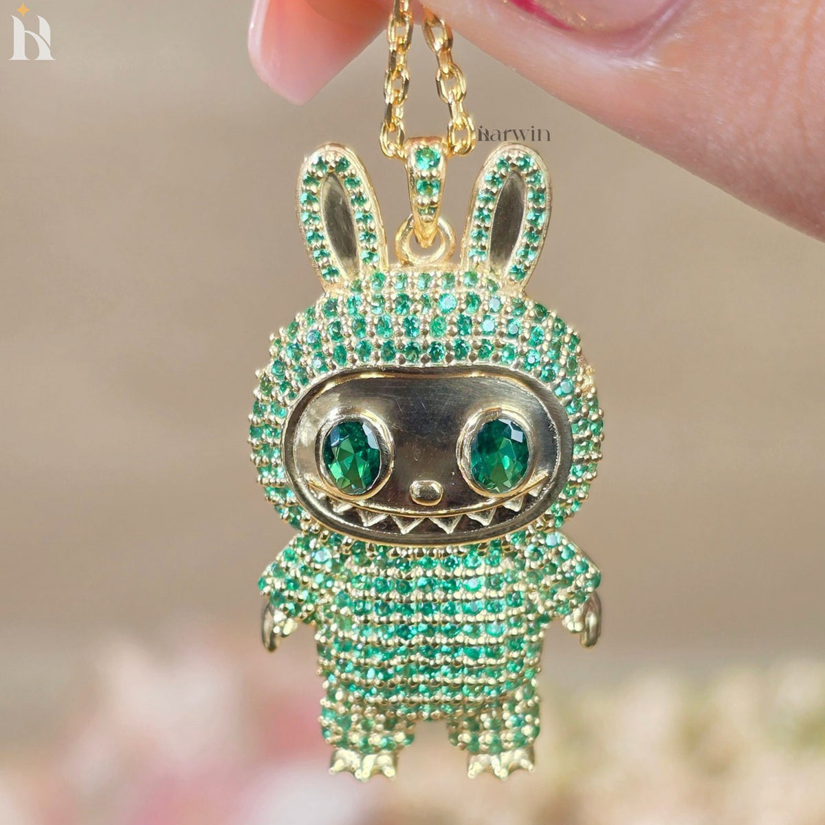 Green CZ Diamond Teddy Bear Pendant | Sterling Silver Hip Hop Necklace