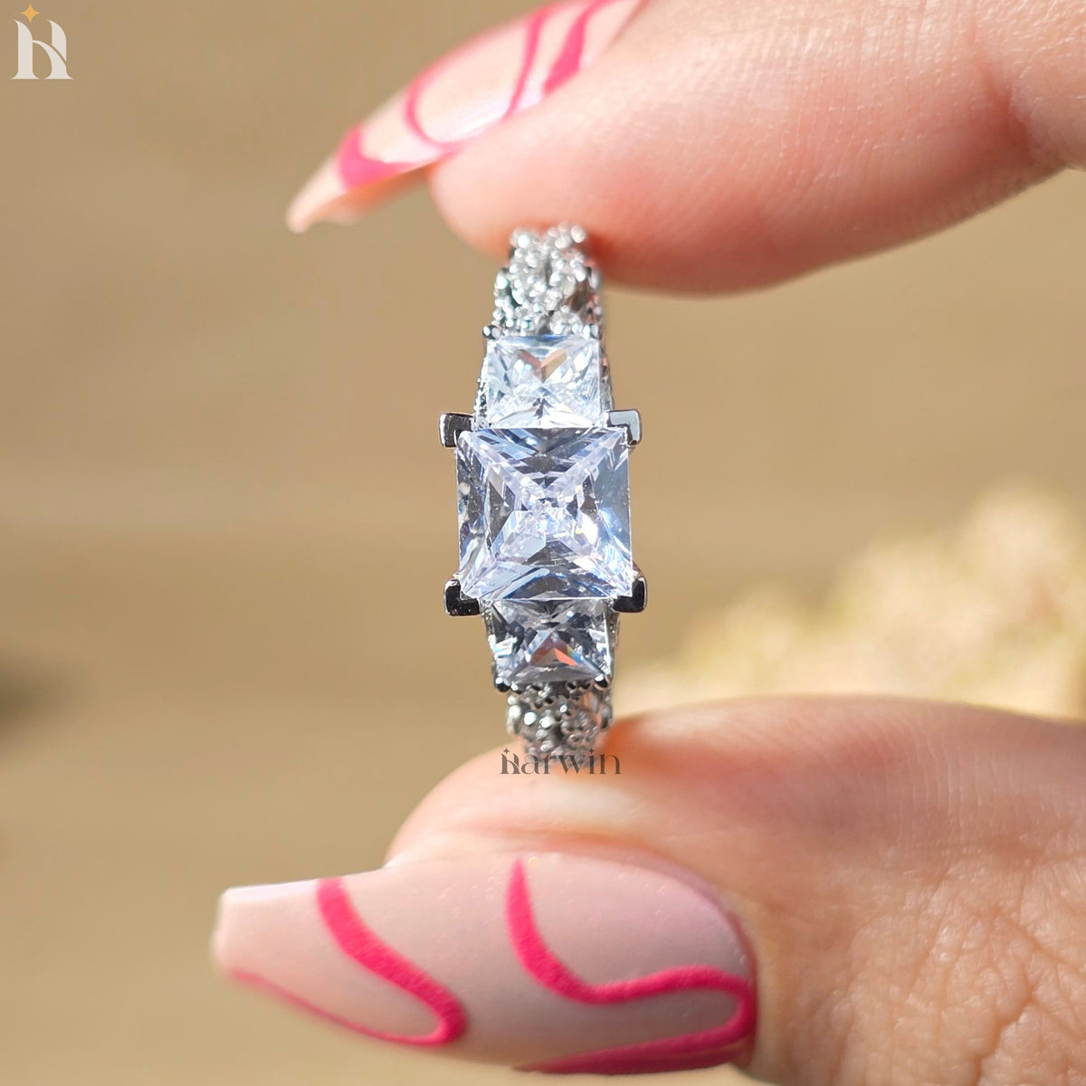 1 CT Princess Cut Moissanite Three Stone Engagement Ring, Vintage Art Deco Proposal Ring