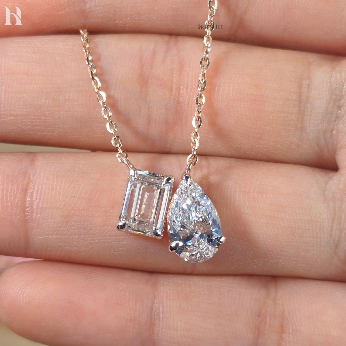 Toi Et Moi Emerald And Pear Cut Moissanite Solid Rose Gold Prong Set Pendant