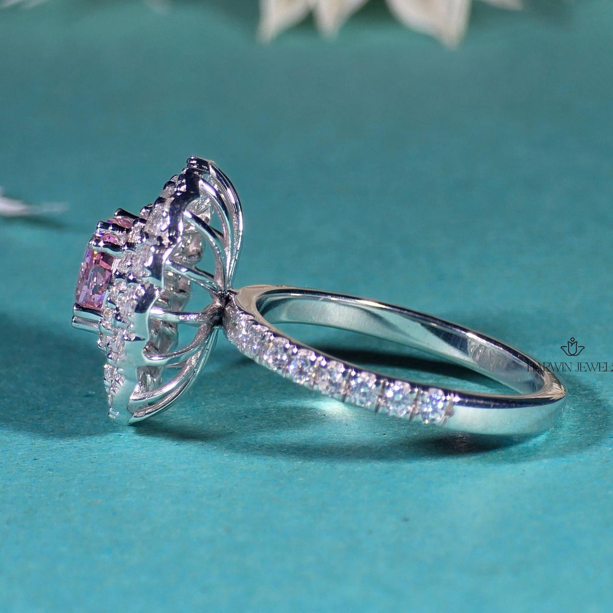 Pink Cushion 1CT Moissanite Wedding Ring Triple Halo 14K White Gold Half Pave Band
