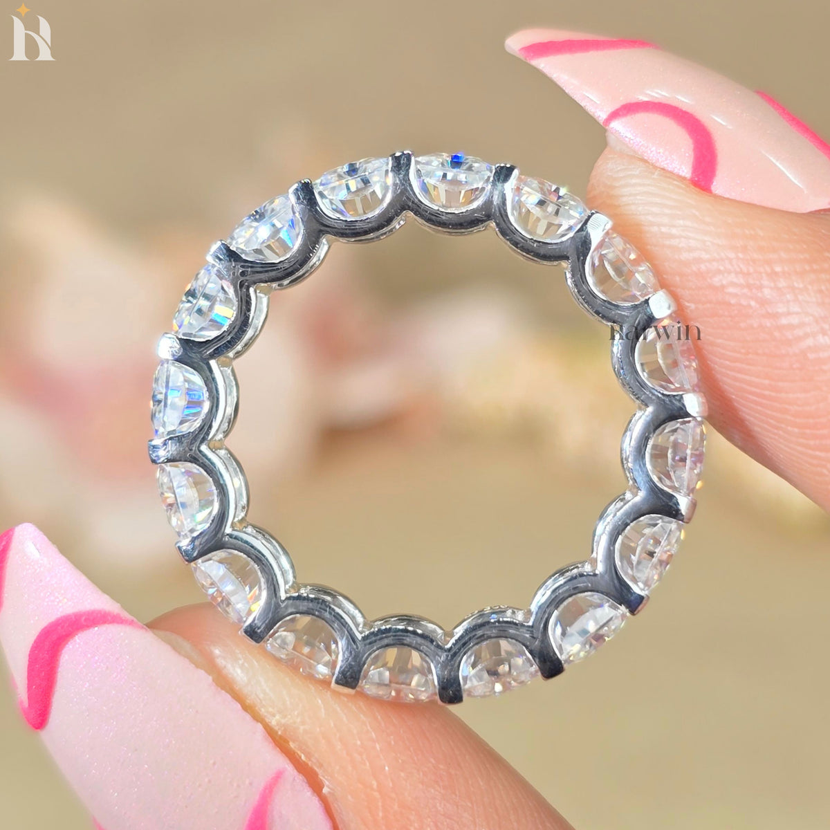 Radiant Cut Moissanite Full Eternity Wedding Band, Solid Silver Stackable Bridal Ring