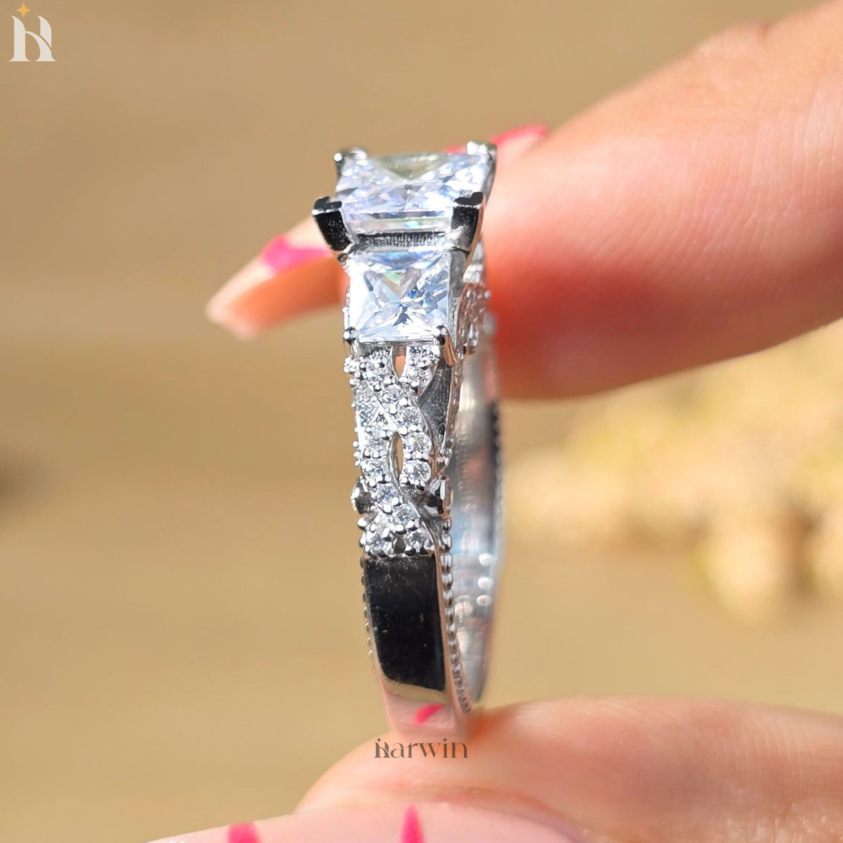 1 CT Princess Cut Moissanite Three Stone Engagement Ring, Vintage Art Deco Proposal Ring