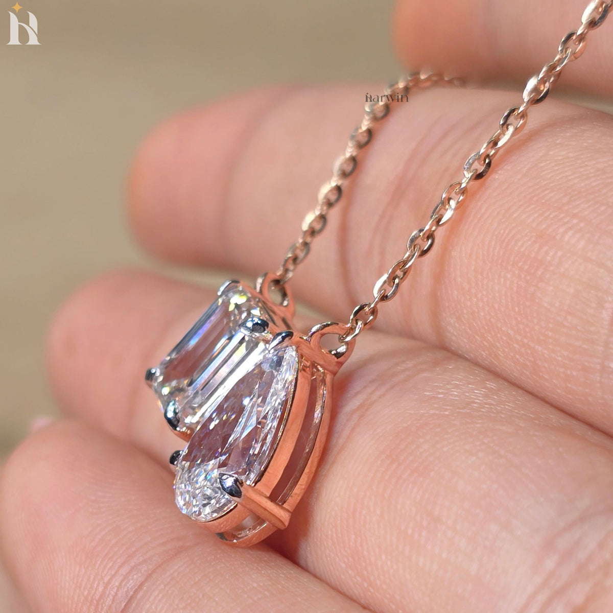 Toi Et Moi Emerald And Pear Cut Moissanite Solid Rose Gold Prong Set Pendant